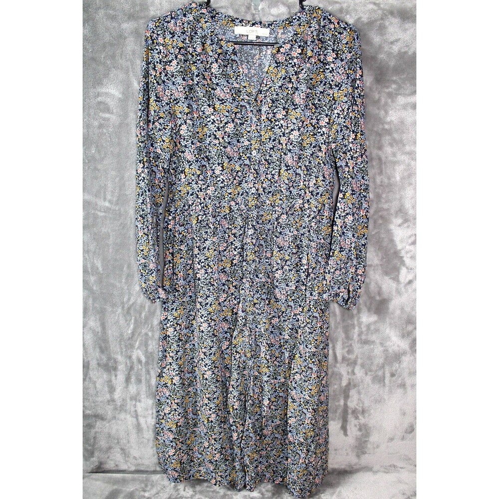 LOFT Multicolor Floral Clip V-Neck Long Sleeve Button Up Women's Dress Size SP